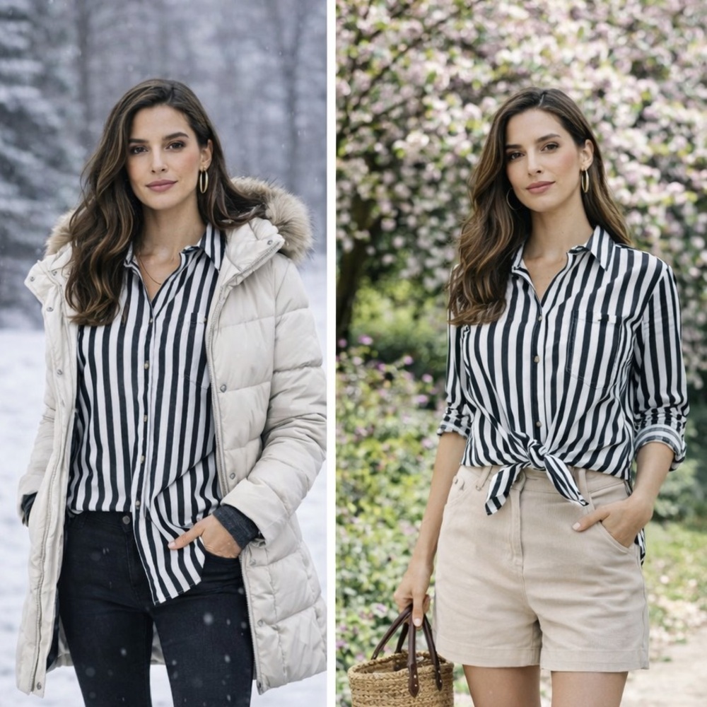 LILLUSORY Women's Striped Button Down Shirt - Black and White